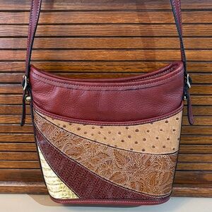 Chic Burgundy and Tan leather Patchwork Shoulder Bag